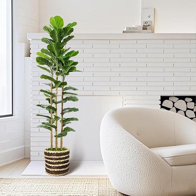 Artificial Fiddle Leaf Fig Tree Indoor with Woven Basket - 5ft Tall Fake Tree with Real-Wood Trunk,Faux Plants for Living Rooms, Offices, Kitchens & Outdoor Spaces (Round Basket)
