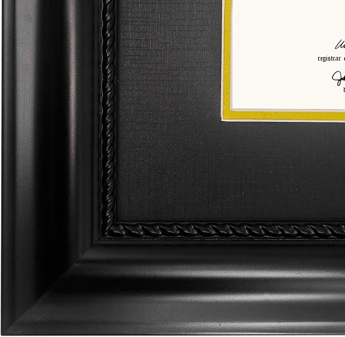 11x14 Diploma Degree Frame with Mat or Display 15x18 Certificates without Mat,Solid Wood,Black Finish with Intricate Black Rope Detail,UV Protection Acrylic