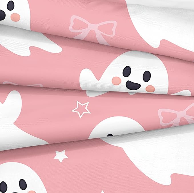 Bedorm Cartoon Ghost Bedding Set Pink Halloween Comforter Set for Girls Shy Ghost Kawaii Halloween Decor Ghost Festival Theme Pink and White Bedding Comforter Set Queen Size