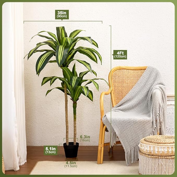 Artificial Dracaena Tree 4FT - Tall Faux Floor Plant with UV-Resistant,Artificial Plants with Lifelike Leaves,Potted Fake Trees for Home, Living Room,Indoor & Outdoor Decor,VN123(Yellow)