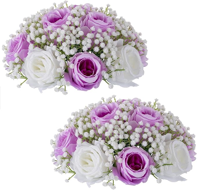 NUPTIO Babys Breath Artificial Flowers: 2 Pcs 8.6 inch Diameter Lilac Fake Rose Ball Arrangement Bouquet Centerpiece for Wedding Tables Event Party Decor