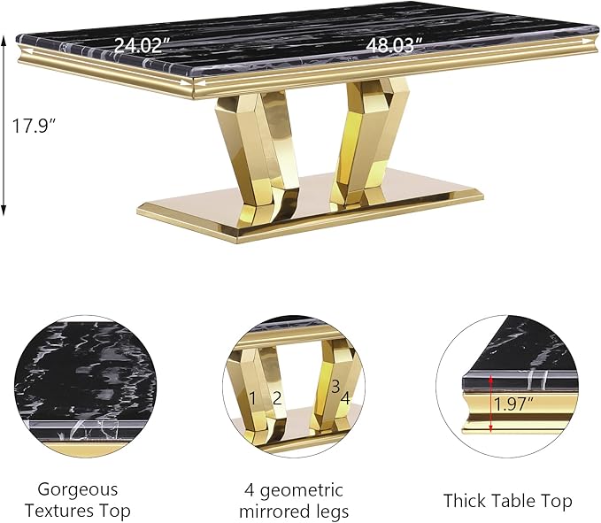 ACEDÉCOR Gold Coffee Table, 48 inch Rectangle Living Room Coffee Table with Polished Geometric Base, Black and Gold Tea Table for Home, Office, Reception Room
