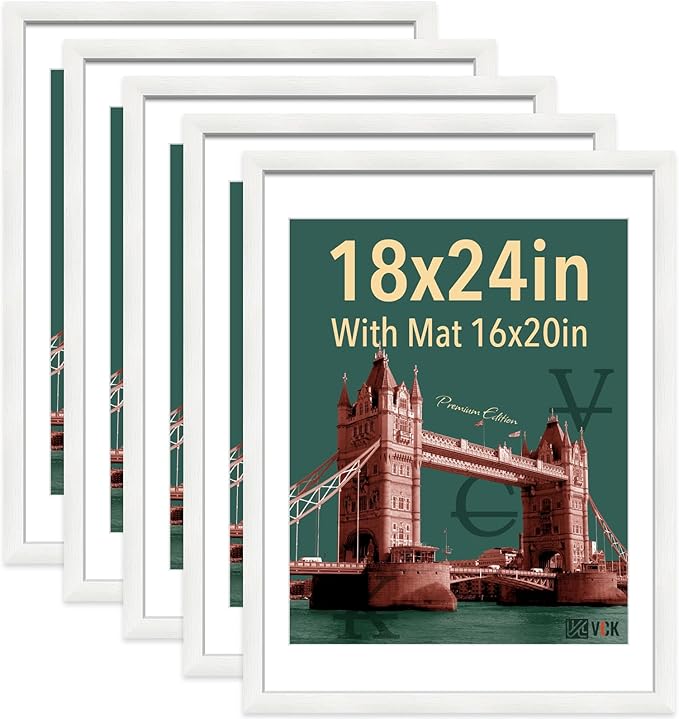 VCK 18x24 Poster Frame White - 5 Pack | with Mat 16x20 | Textured Exclusive Solid Wood Picture Frame | Horizontal and Vertical Formats with Included Hanging Hardware