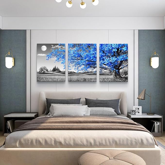 DZRWUBHS 3 Piece Canvas Wall Art For Living Room Modern Wall Decor For Office Black And White Blue Tree Wall Painting Scenery Wall Pictures Artwork For Bedroom Room Home Decor Prints Art 20" X 28"