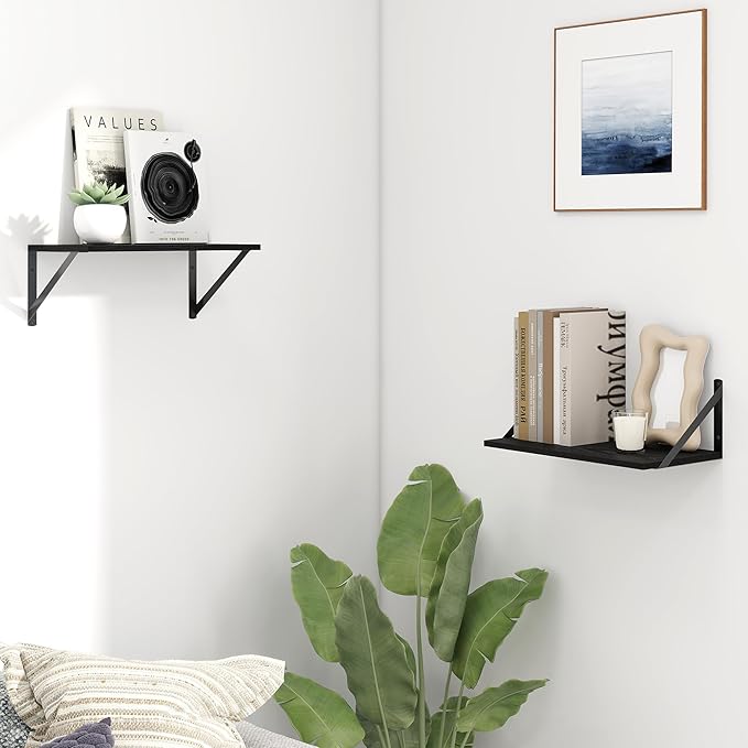 Fun Memories Deep Floating Shelves for Wall, 16W x 8D Wall Mounted Shelves Set of 2, Wide Display Ledge Shelf with Sturdy Metal Brackets for Living Room, Bathroom, Bedroom and Kitchen, Black