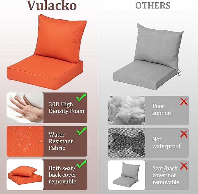 Waterproof Outdoor Chair Cushion Set of 4, 24x24x5 IN Deep Seat Patio Cushions with Fade Resistant Removable Cover,Outdoor Cushions for Patio Furniture with Ties&Handle for Chair Sofa Couch,Orange