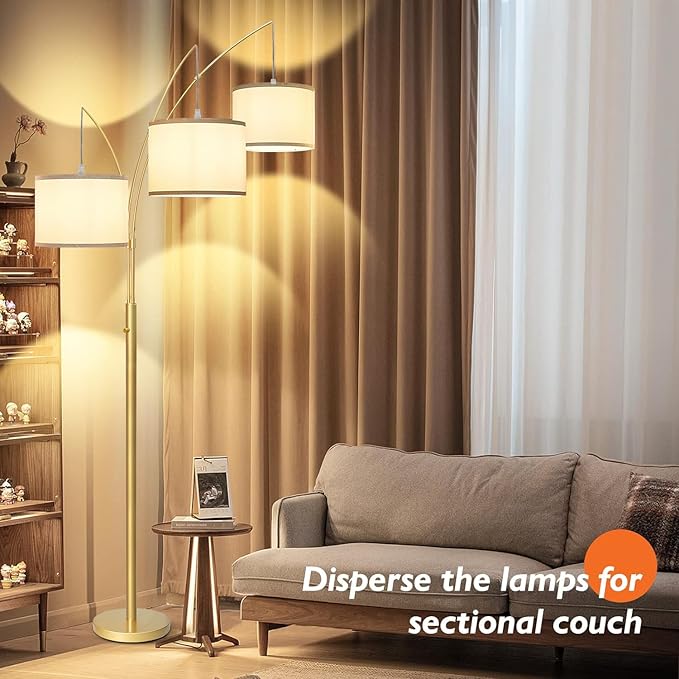 3 Lights Arc Floor Lamps for Living Room,Gold Modern Tall Standing Lamp Hanging Over The Couch with Shades & Heavy Base,Mid Century Black Tree Floor Lamp for Bedroom Office