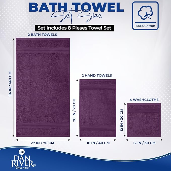 DAN RIVER 8 PC Luxury Bath Towels for Bathroom, 2 Bath, 2 Hand, and 4 Wash Cloths, 600 GSM 100% Ring Spun Cotton Towel Set, Highly Absorbent, Gym, Hotel, and Spa, Purple