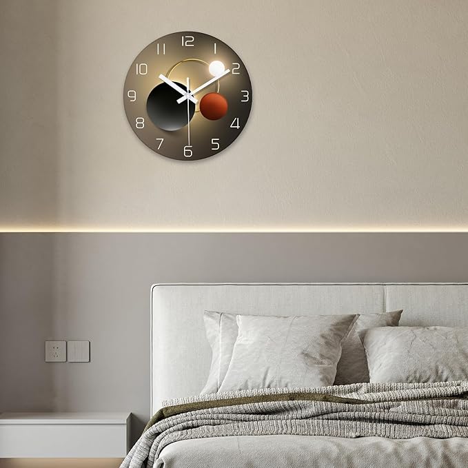 XNM Black and Glod Wall Clock for Bedroom Large Wall Clocks Battery Operated 16 Inch Round Glass Analog Wall Clock Slient