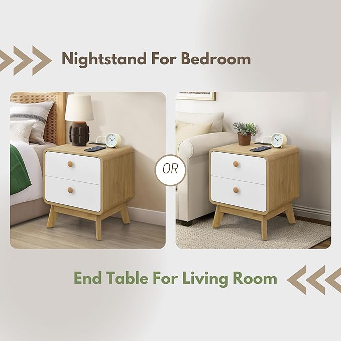 Aries Set of 2 Nightstands with Charging Station, 2 Drawer Bedside Tables with Storage, Night Stands for Bedroom, End Table or Side Table for Living Room, 15.7" x 18.9" x 21.7", Oak/White