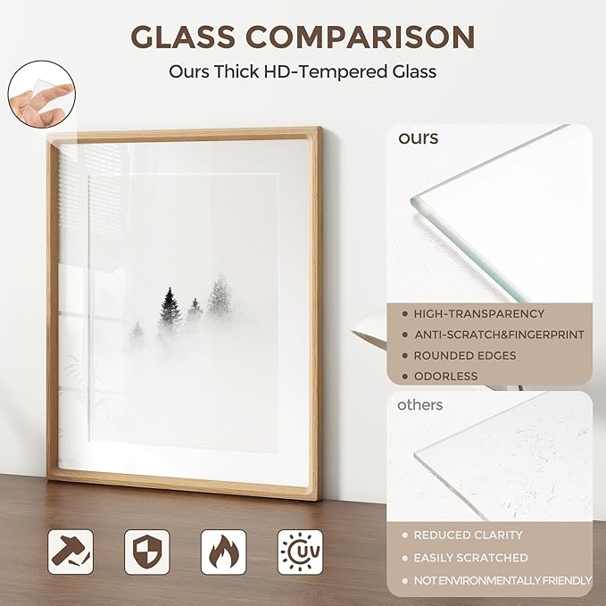 11x14 Picture Frame Set of 2, USA-Sourced Oak Wood Photo Frame with Tempered Glass, Handcrafted Rounded Corner 11 x 14 Wooden Frame Matted to 8x10 Photos, Wall or Tabletop Display