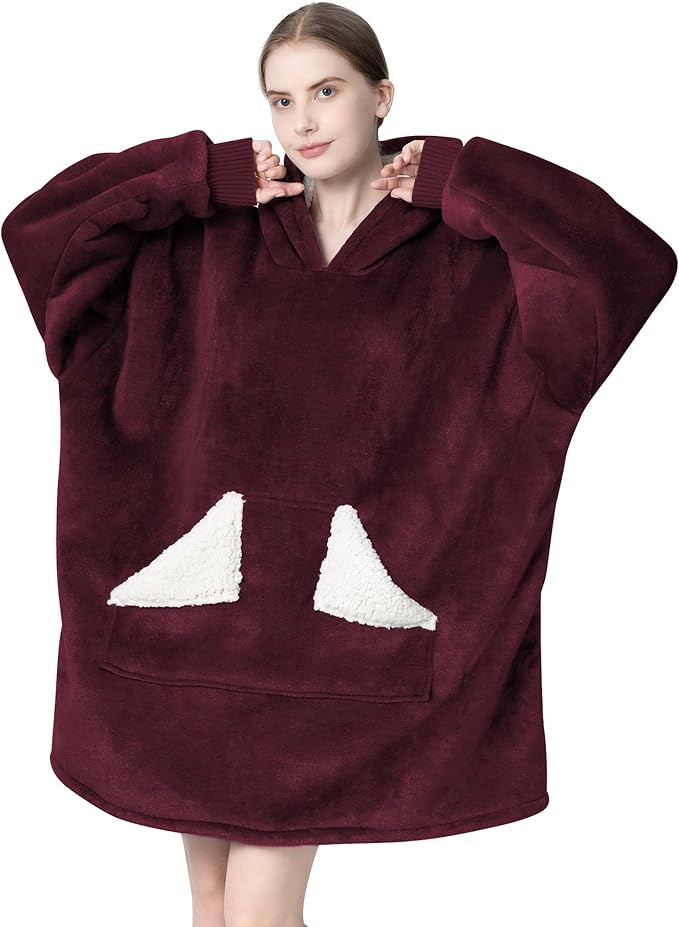 Touchat Wearable Blanket Hoodie, Oversized Sherpa Blanket Sweatshirt with Hood Pocket and Sleeves, Super Soft Warm Comfy Plush Hooded Blanket for Adult Women Men, One Size Fits All (Wine)