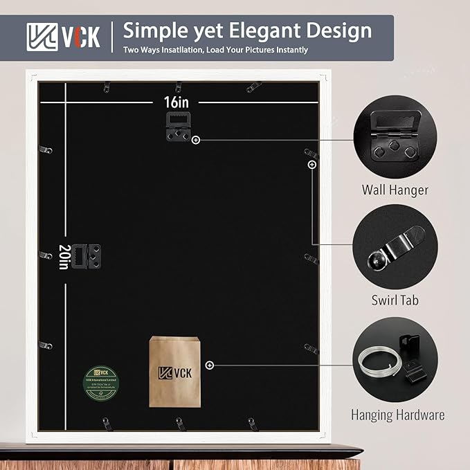 VCK 16x20 Picture Frame White Set of 2, Textures Exclusive Wooden Poster Frames with HD glass, Modern Look, Display photo 11x14 with Mat or 16x20 Without Mat