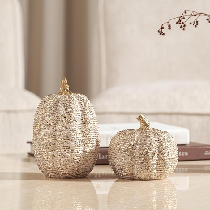 DN DECONATION Fall Pumpkin Decorations Table Centerpieces, 2Pcs White & Gold Artificial Pumpkins Figurines for Autumn Thanksgiving Harvest Indoor Home Decor (Resin with Rope-Wrapped Texture)