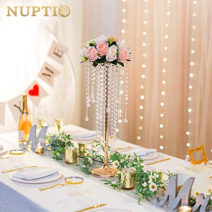 NUPTIO Gold Vases for Centerpieces Wedding - 10 Pcs 21.7in Tall Gold Vase Wedding Centerpieces for Tables Gold Centerpieces for Table - Flower Stand Bulk Table Centerpieces for Weddings Chandelier