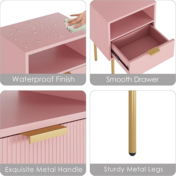 Nightstand,Morden Bedside Table with Gold Frame,Small White Night Stand,End Table,Bedside Furniture,Side Table with Drawer and Shelf for Bedroom,Living Room (1Drawer, Pink)