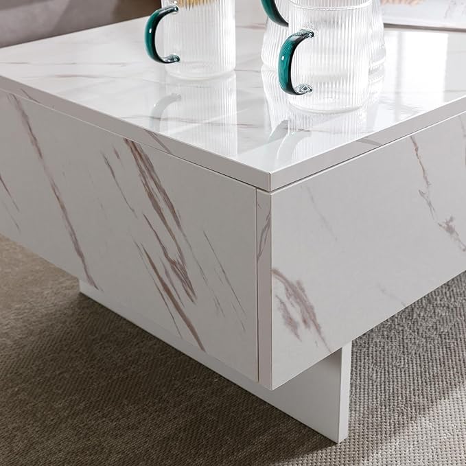 COSVALVE 41" Marble White Cool Coffee Table for Living Room,Rectangular Glossy Smart Contemporary Center Table for Waiting Area,White