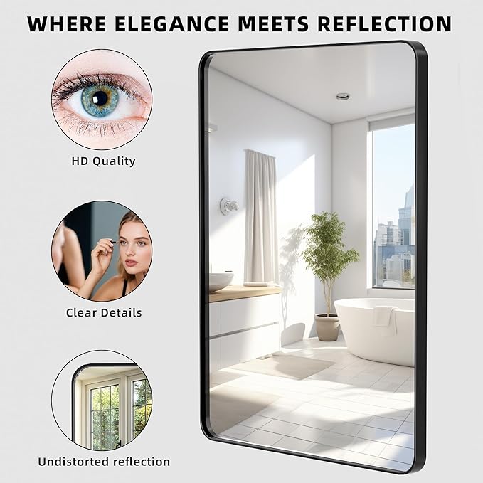 30x22 Bathroom Vanity Mirror for Wall, Aluminum Framed, Farmhouse Rectangle, Anti-Rust, HD Reflection Anti-Desilvering, Distortion Free, Tempered and Shatter-Proof Wall Mounted Mirror, Black