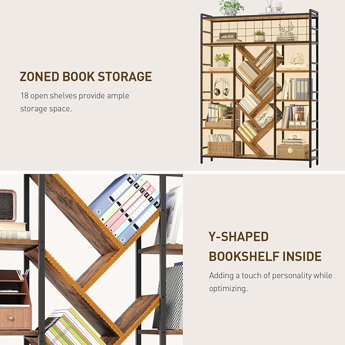 Triple 6-Tier Bookshelf, Industrial Large Bookcase with 18 Open Display Shelves, Modern Tree Bookcase with Metal Frame and Hanging Function for Living Room, Home Office, Rustic Brown and Black