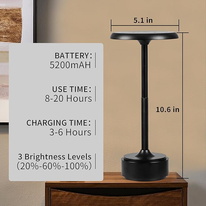 5200mAh Rechargeable Cordless LED Table Lamps Touch Sensor Light, 3-Levels Portable Dimming Wireless Battery Operated Lamp,Night Light/Restaurant Table/Outdoor/Coffee/Bar (Black)
