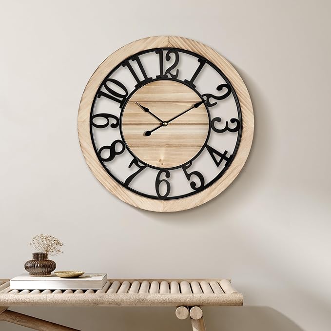 Maxstar 16'' Wall Clock for Living Room Decor, Ultra-Silent Rustic Wooden Farmhouse Wall Clock with Metal & Real Wood Frame, Battery Operated, for Kitchen Bedroom Office, Arabic Numerals