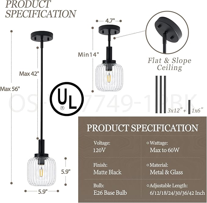 Glass Pendant Lights Kitchen Island, 1-Light 5.9" Black Modern Pendant Light with Clear Glass and Rods, Mini Hanging Lighting for Kitchen Sink Bathroom Bedroom, OS-YQ7749-1PBK