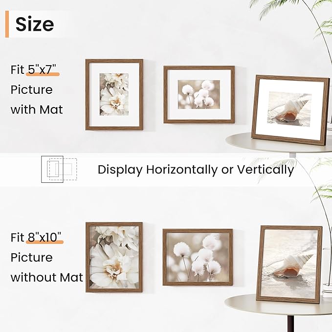 8x10 inch Picture Frame, 8x10 Photo Frames with 5x7 Removable Mat - High Definition Plexiglass - Vertical and Horizontal Display - Wall Hanging Frame - Walnut Color, 12 Pack