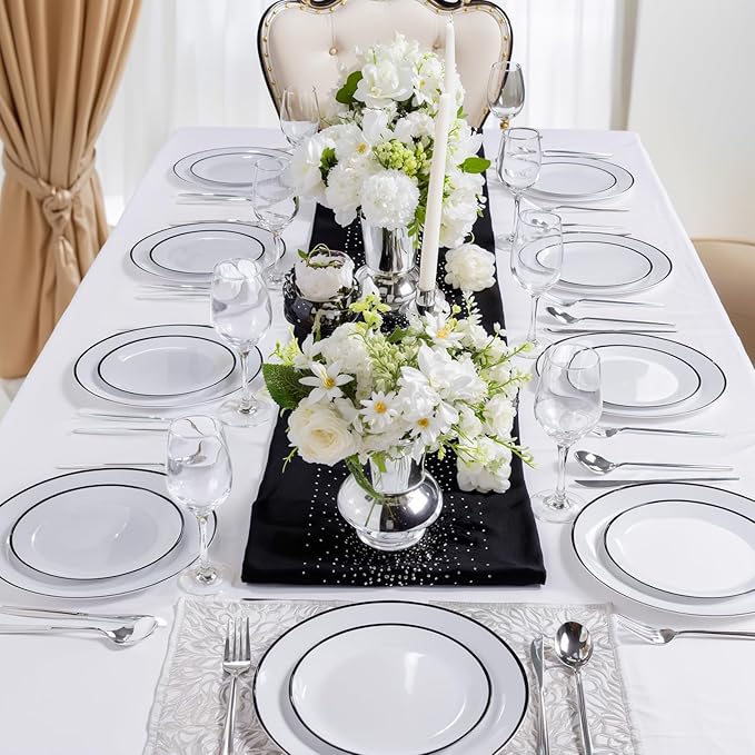 LIYH 120 Pcs White Plastic Plates with Black Rim - Disposable Plates Dishes for Party Wedding Includes 60 Dinner Plate 10.25" 60 Dessert Plate 7.5" for Party Birthdays 60 Guests