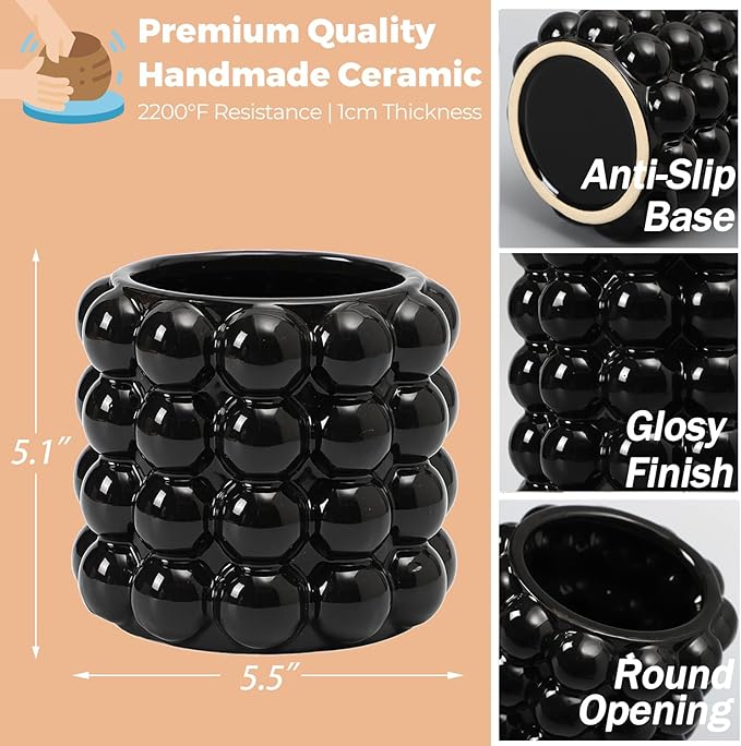 Bubble Vase, Black Ceramic Vase, Small Vase, Flower Vase, Boho Vase, Decorative Vase, Vase Decor for Living Room, Office, Bathroom, Shelf, Fireplace, Farmhouse, Coffee Table, 5 Inches