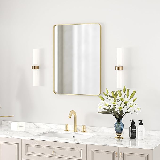 Bathroom Mirror 22x30 inch, Rustproof Aluminum Metal Framed Mirror for Wall, Matte Gold Bathroom Vanity Mirror, Shatterppoof Mirror, Living Room, Hanging or Leaning Horizontal or Vertical