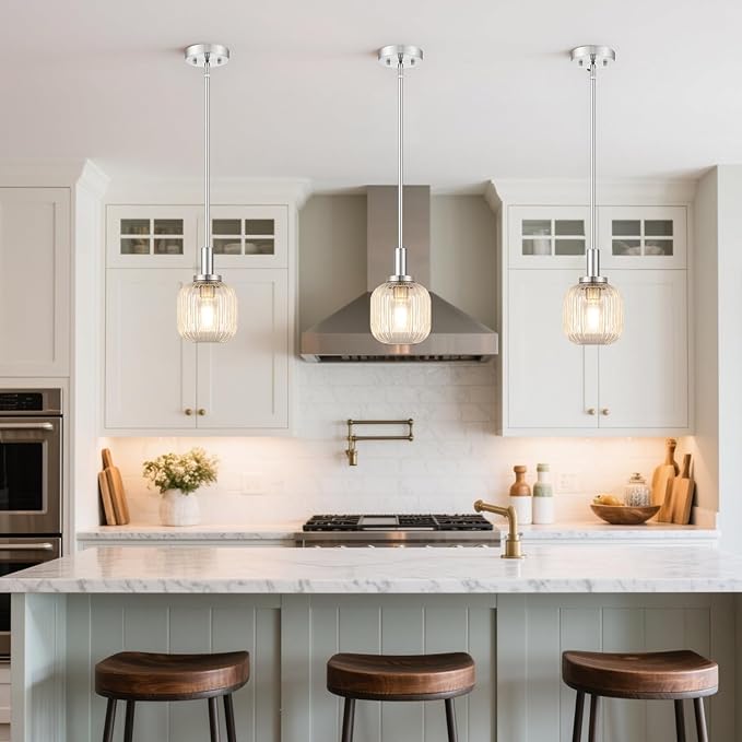 Brushed Nickel Pendant Lights Kitchen Island, 1-Light 5.9" Modern Glass Pendant Light with Clear Glass and Rods, Mini Hanging Lighting for Kitchen Sink Bathroom Bedroom, OS-YQ7749-1PBN