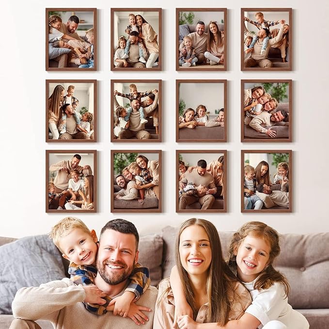 Renditions Gallery Set of 12, 8X10 Custom Photo Prints with Real Wood Picture Frames. Create Personalized Photos with Peel & Stick Photo Frames. Brown Frame