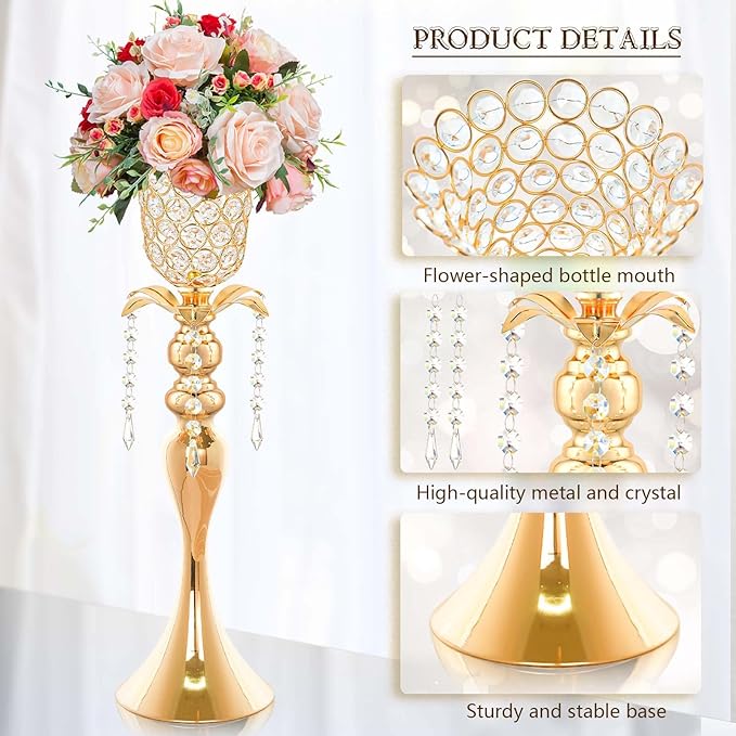 2Pcs Gold Crystal Metal Vase Set - Tulip & Trumpet Wedding Centerpieces, Artificial Flower Arrangement Vases for Home Decor, Restaurant Table Displays