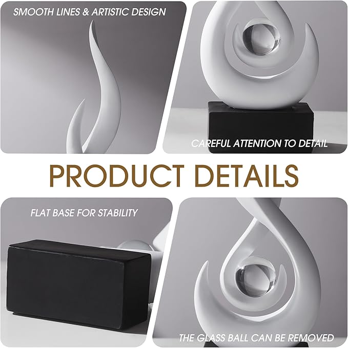 FJS White Modern Flame Statue Home Decorations for Living Room, 13.7" H Resin Sculptures Home Décor Accents, Abstract Art Sculpture for Dining Room Office Coffee Table Centerpiece
