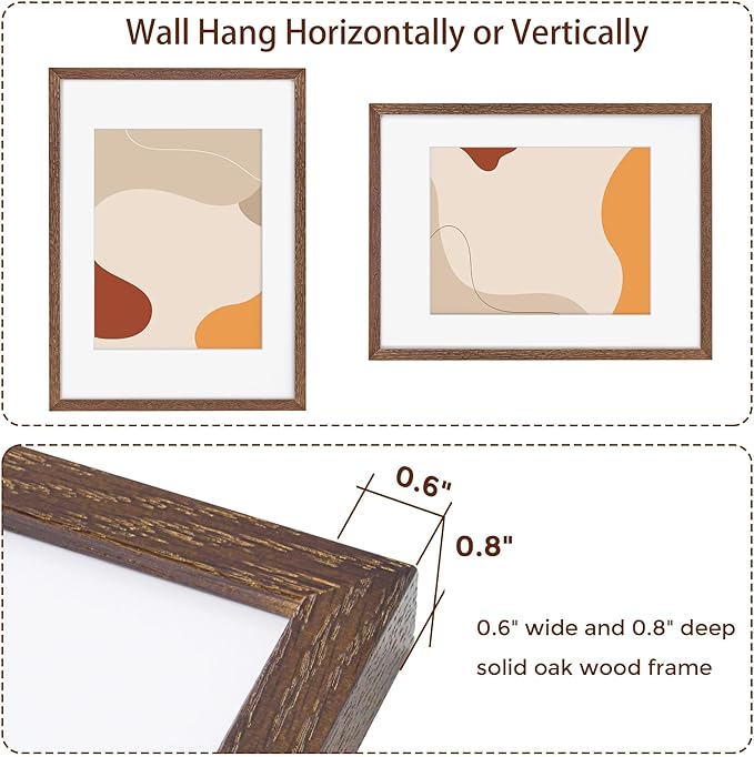12x16 Picture Frames, Solid Oak Wood 12"x16" Picture Frame - Tempered Real Glass, 12x16 Frame Matted to 8.5x11, 12 x 16 Photo Frames for Wall, Rustic Wall Gallery Frame (Walnut Color, 3 Pack)