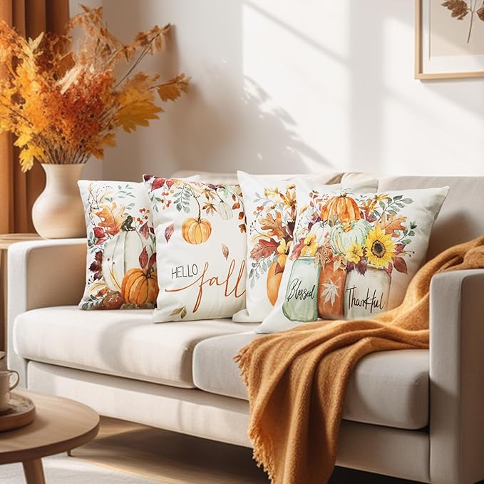 Hello Fall Pumpkin Pillows Decorative Throw Pillows Covers, 18x18 Inch Autumn Thankful Blessed Maple Leaf Harvest Floral Decorations for Sofa Couch Living Room Set of 4