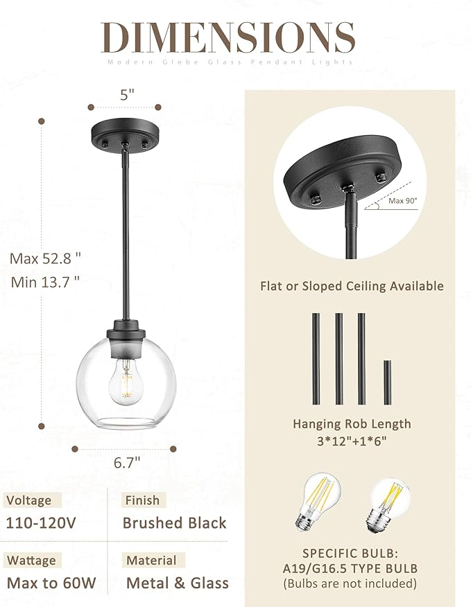 Matte Black Pendant Light, Mid Century Globe Haning Light Fixture Ceiling with Clear Glass for Kitchen Island Dining Room Bedroom Hallway Foyer (2 Pack), PL101BK-2PK