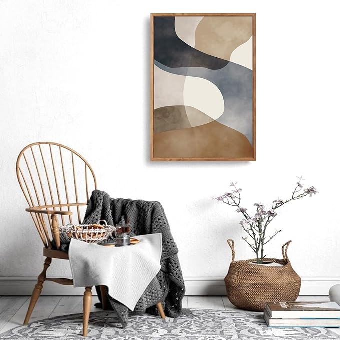 Large Abstract Watercolor Block Framed Canvas Wall Art,Colorful Neutral Geometric Wall Decor,Beige Blue and Brown Artwork,Modern Minimalist Line Art Print for Living Room,Bedroom-24 x36 x3