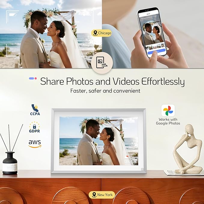 NexFoto Touchscreen Digital Picture Frame 10.1 Inch 64GB, WiFi Digital Photo Frame with Unboxing Gift Mode, Add Photos from Google Photos, Easy to Share Photos/Videos, Gifts for Newlywed, Mom, Silver