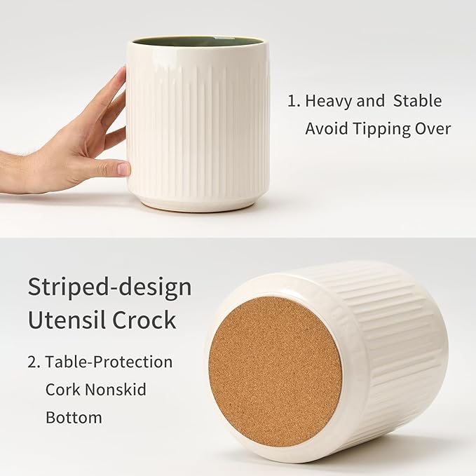 JIEMEI HOME Kitchen Utensil Holder, 7.2" Large Ceramic Stable Utensil Crock for Countertop, Utensil Organizer with Cork Mat, Removable Bamboo Divider for Easy, Kitchen Decor, White & Green