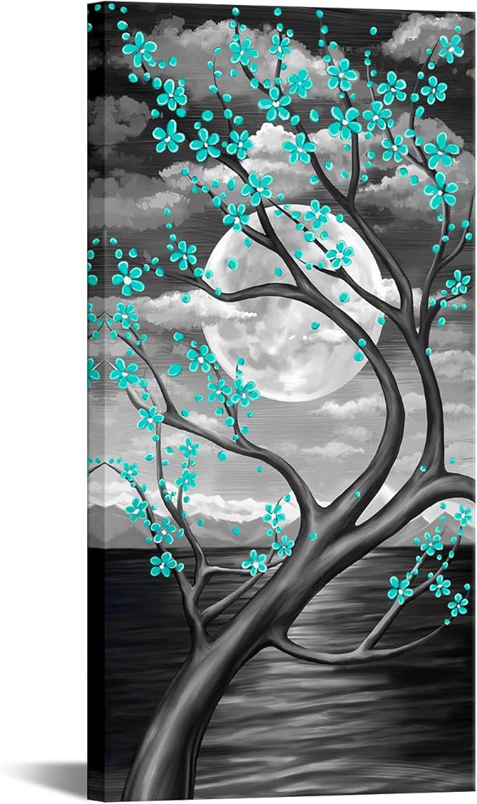KREATIVE ARTS Teal Flower Tree Wall Art for Bedroom Cherry Blossom Tree in Full Moon Night Landscape Canvas Prints Artwork for Home Wall Decoration Ready to Hang Vertical 20x40inch (Green)