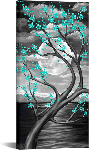 KREATIVE ARTS Teal Flower Tree Wall Art for Bedroom Cherry Blossom Tree in Full Moon Night Landscape Canvas Prints Artwork for Home Wall Decoration Ready to Hang Vertical 20x40inch (Green)