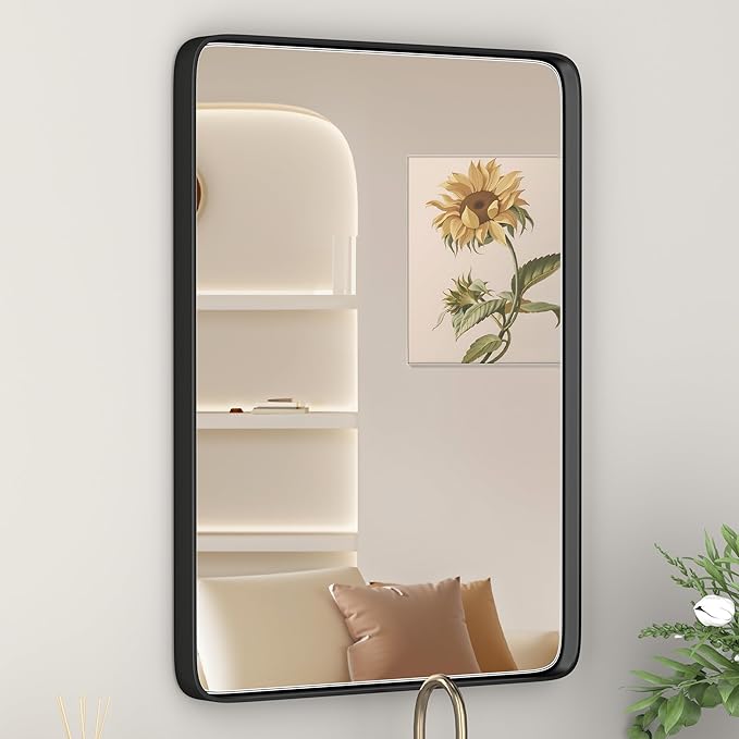 Black Metal Frame Wall Mount Bathroom Mirror, 22x 34 Inch Rectangular Round Mirror, Matte Black Vanity Mirror, Farmhouse Style, Hang Horizontally or Vertically