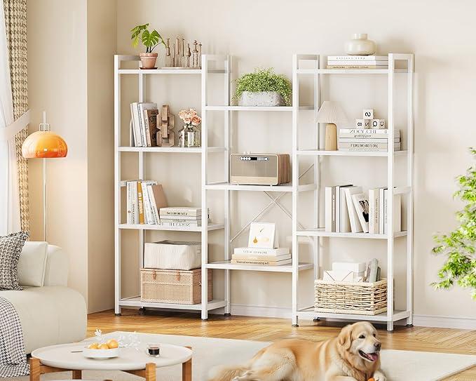 Casaottima Triple 4 Tier Bookshelf, Large Bookcase with 11 Open Display Shelves, Modern Industrial Book Shelves Book Case for Bedroom, Wide Standing Shelving Unit for Living Room Home Office, White