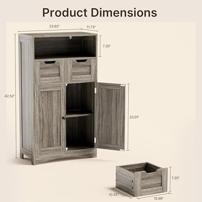 Gizoon Storage Cabinet, Bathroom Cabinet with 2 Drawers and Adjustable Shelves, Freestanding Storage Organizer with Doors for Bathroom, Living Room, Kitchen, Home Office, Hallway