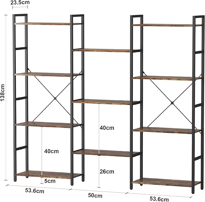 Panana Triple 4/5/6 Tier Bookshelf, Industrial Bookcase with 11/14/17 Open Display Shelves Wide Book Shelf Book Case with Metal Frame for Living Room Home Office (Brown, 4 Tier)