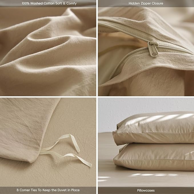 MooMee Queen Duvet Cover Set, 100% Washed Cotton Linen Like Twill Thick Sturdy Material Super Soft Breathable Durable Bedding for All Season, 3 Pieces (Camel, Queen 90"x90")