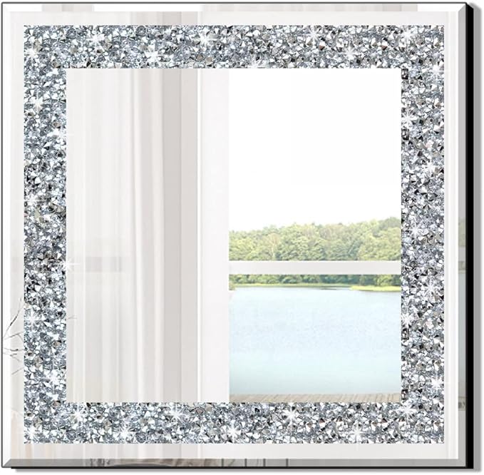 Crystal Crush Diamond Sparkly Square Silver Mirror for Wall Decoration 20x20x1 inch Wall Hang Frameless Bling Stylish Gorgeous Glam Mirror Vanity Home Decor.