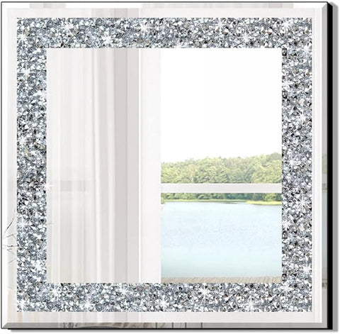 Crystal Crush Diamond Sparkly Square Silver Mirror for Wall Decoration 20x20x1 inch Wall Hang Frameless Bling Stylish Gorgeous Glam Mirror Vanity Home Decor.