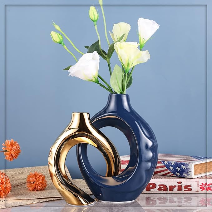 Navy Blue Home Decor Ceramic Vase, Navy Blue Gold Round Vase with Holes Set of 2, Suitable for Wedding Entrance Decoration, Bookshelf, Mantel, Unique Home Decor (Blue Gold)